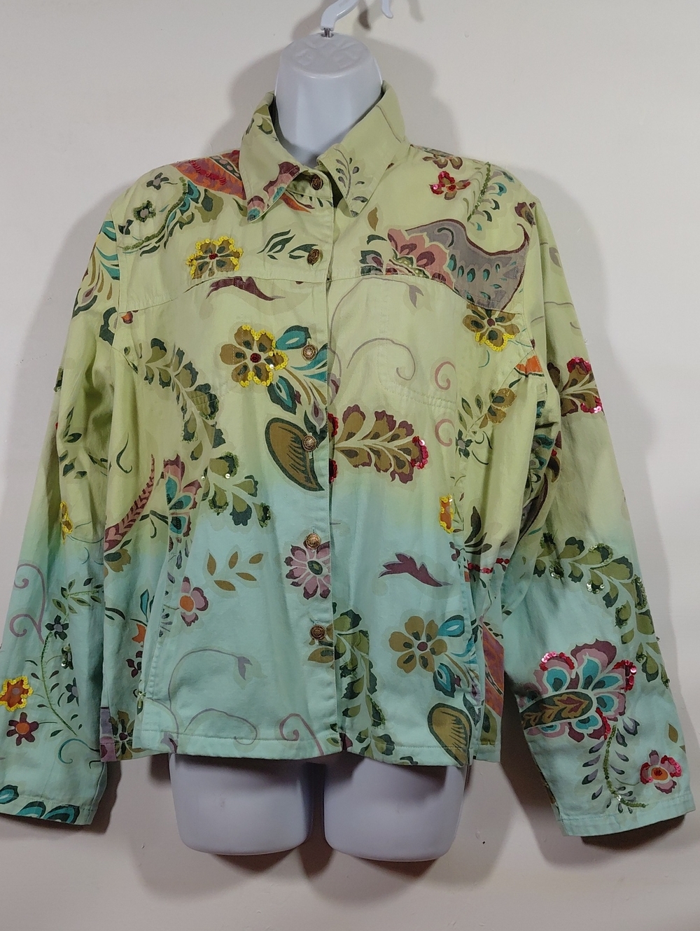 Mirasol Pastel Green to Aqua Floral Ombre Jean Jacket XL